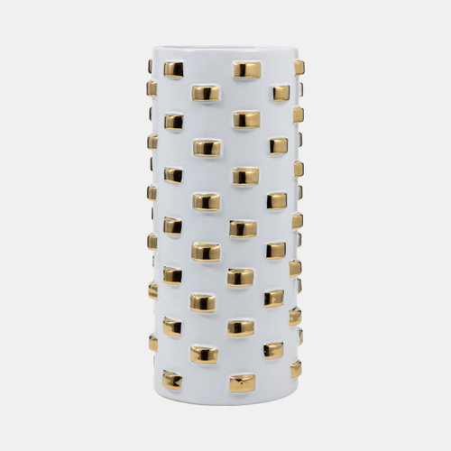 19127-02#Stoneware, 11" Cylinder Vase, White/gold