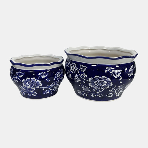 19138#Cer, S/2 6/8" Round Chinoisere Planters, Blue/wht