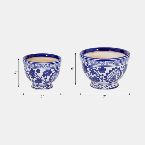 19140#Cer, S/2 5/7" Bowl Chinoiserie Planters, Blue/wht