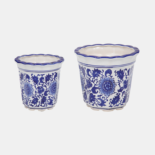 19141#Cer, S/2 6/8" Chinoiserie Pot Planters, Blue/wht