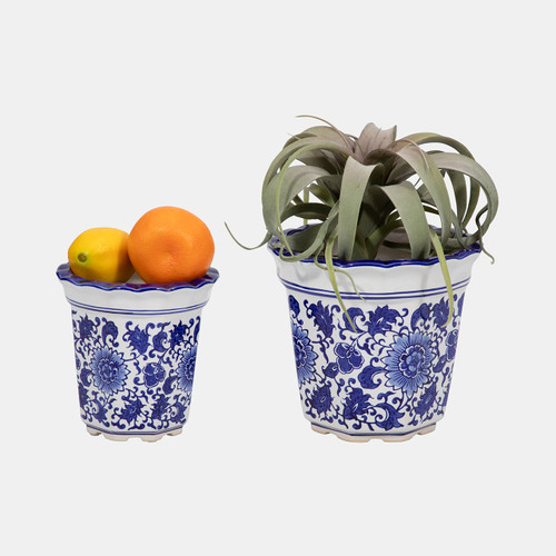 19141#Cer, S/2 6/8" Chinoiserie Pot Planters, Blue/wht