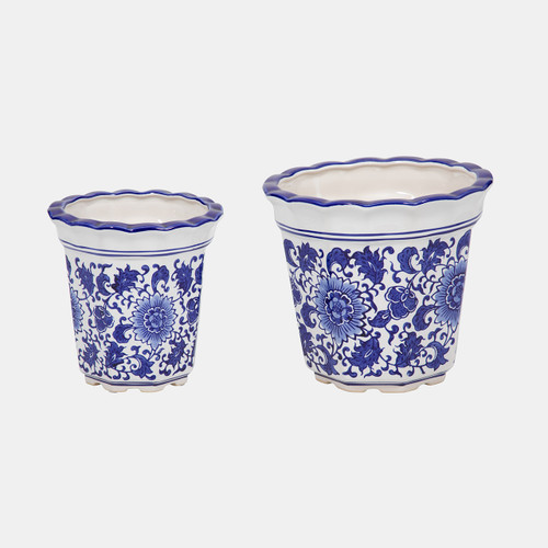 19141#Cer, S/2 6/8" Chinoiserie Pot Planters, Blue/wht