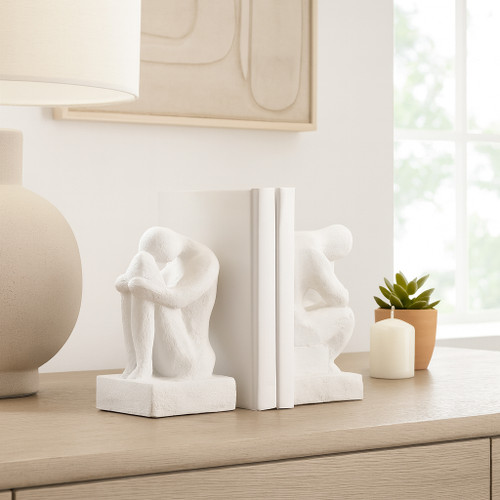 19613-02#S/2 7" Thinking Man Bookends, White