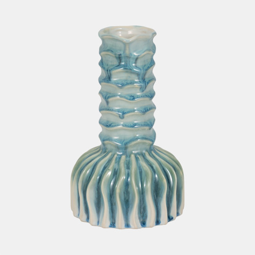 20018-02#9" Coastal Ribbed Bud Vase Reactive Finish, Blue