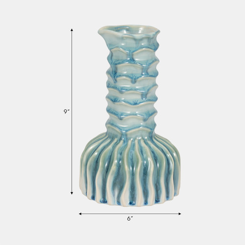 20018-02#9" Coastal Ribbed Bud Vase Reactive Finish, Blue