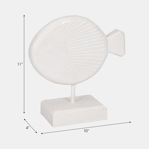 18034-03#Wood, 11" Fish On Stand, White