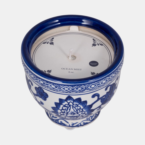 80297#4", 6oz Bowl Chinoiserie Candle, Blue/white