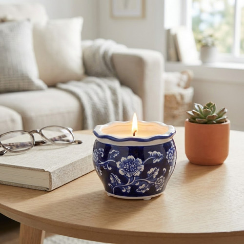 80298# 4", 7oz Round Chinoiserie Candle , Blue/white