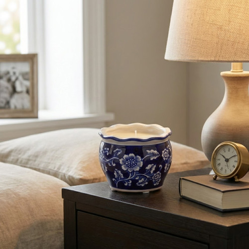 80298# 4", 7oz Round Chinoiserie Candle , Blue/white