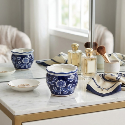 80298# 4", 7oz Round Chinoiserie Candle , Blue/white