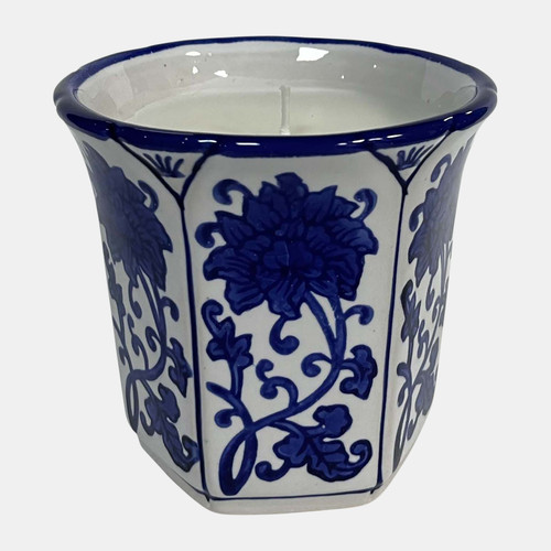 80301# 4", 6oz Fluted Chinoiserie Candle , Blue/white