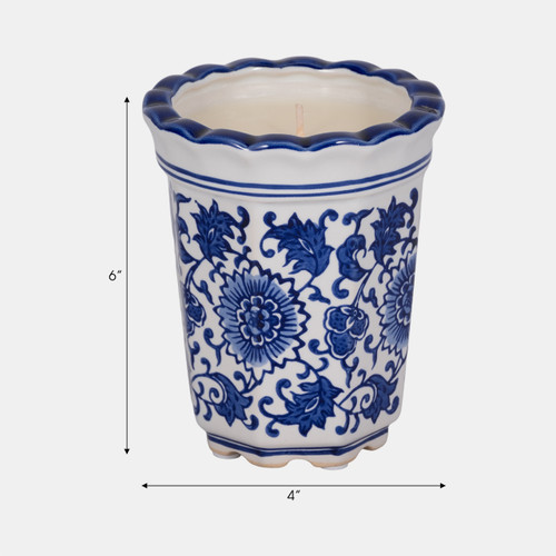 80302# 4", 7oz Fluted Chinoiserie Candle , Blue/white