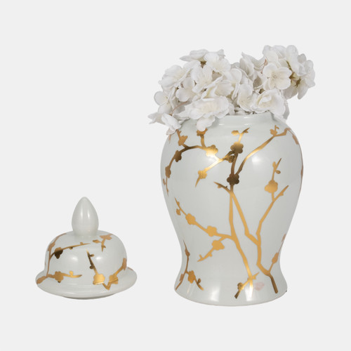 20152#14" Gold Cherry Blossom Temple Jar, White