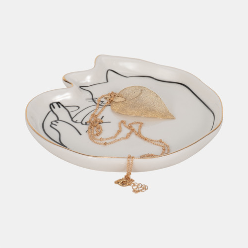 20160-01#6" Cat Nap Trinket Tray W/ Gold Detail, White/blac