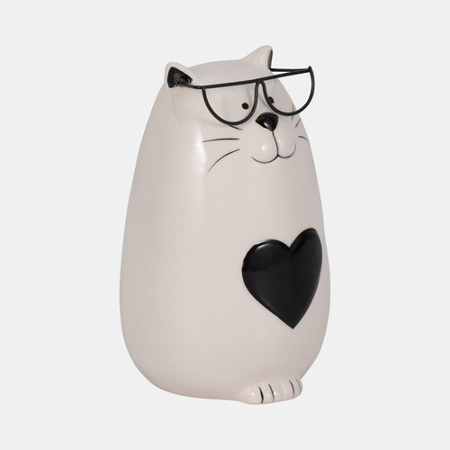 20221#6" Heart Tummy Kitty With Glasses, White/black