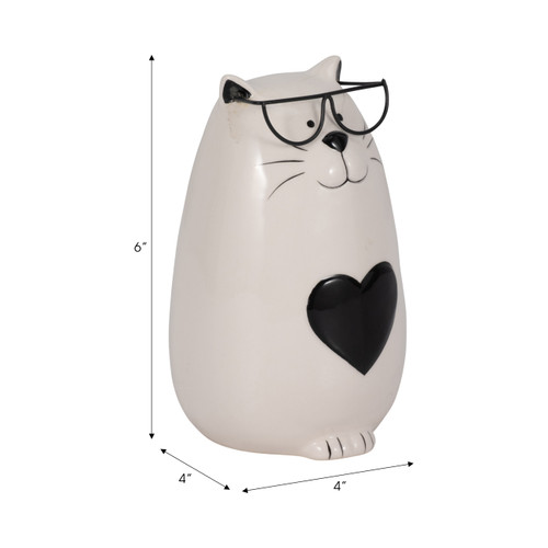 20221#6" Heart Tummy Kitty With Glasses, White/black