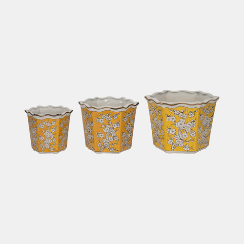20229-03#S/3 8/10/12" Chinoiserie Floral Planters, Yellow/w