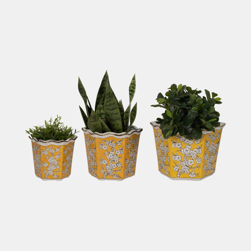 20229-03#S/3 8/10/12" Chinoiserie Floral Planters, Yellow/w