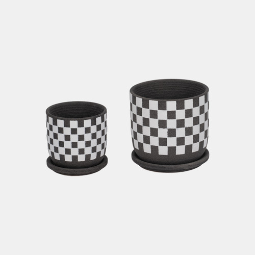 20238-02#S/2 5/6" Checkerboard Saucer Planters, Black/white