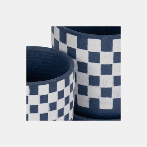 20238-03#S/2 5/6" Checkerboard Saucer Planters, Blue/white