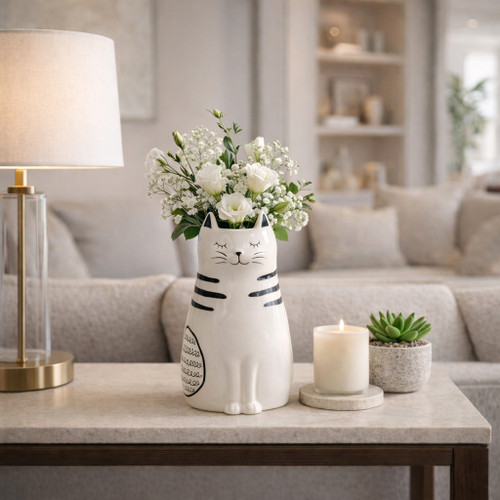 20322-03#11" Sitting Pretty Kitty With Vase Opening, White/