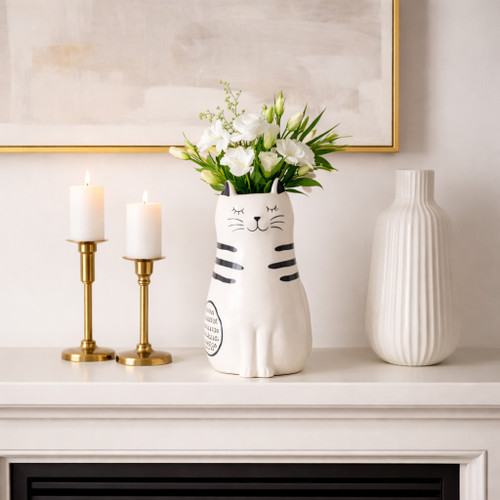 20322-03#11" Sitting Pretty Kitty With Vase Opening, White/