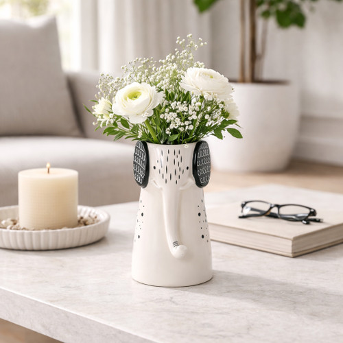 20324#9" Elephant With Vase Opening, White/black