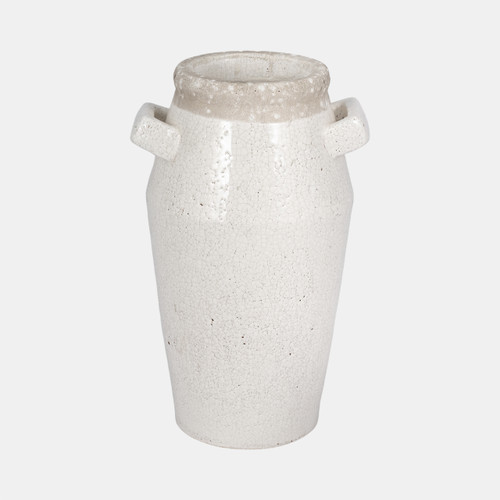 20339-02#14" Squared Handle Crackle Vase, White/