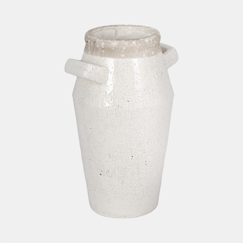 20339-02#14" Squared Handle Crackle Vase, White/