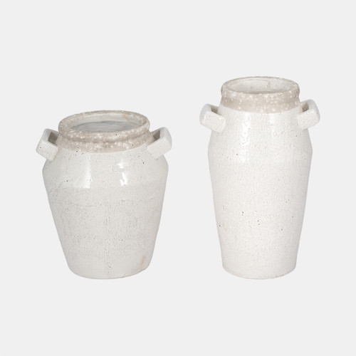 20339-02#14" Squared Handle Crackle Vase, White/