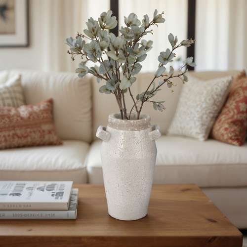 20339-02#14" Squared Handle Crackle Vase, White/