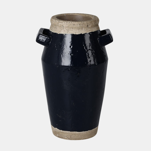 20339-04#14" Squared Handle Terracotta Vase, Navy/tan