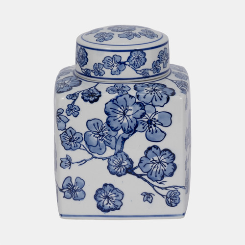 20372-01#8" Cherry Blossom Chinoiserie Jar, Blue/white