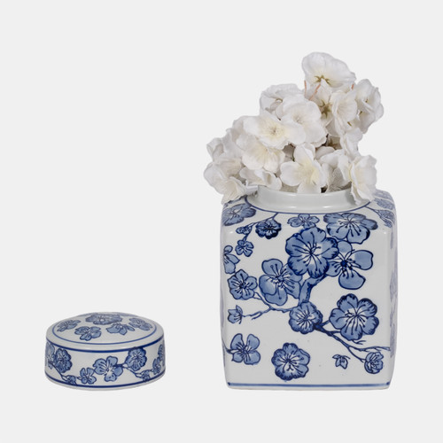 20372-01#8" Cherry Blossom Chinoiserie Jar, Blue/white