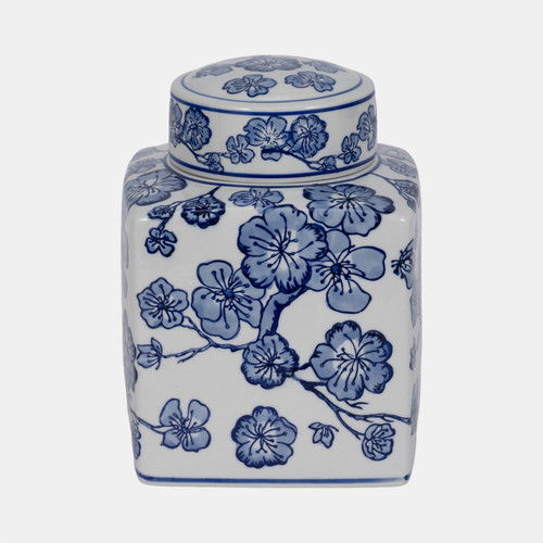 20372-01#8" Cherry Blossom Chinoiserie Jar, Blue/white