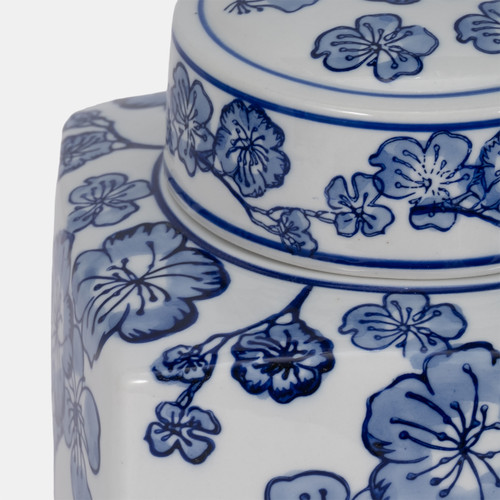 20372-01#8" Cherry Blossom Chinoiserie Jar, Blue/white