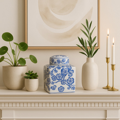 20372-01#8" Cherry Blossom Chinoiserie Jar, Blue/white