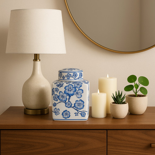 20372-01#8" Cherry Blossom Chinoiserie Jar, Blue/white