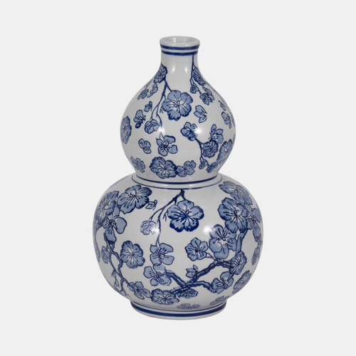 20372-02#14" Cherry Blossom Chinoiserie Gourd Vase, Blue/wh