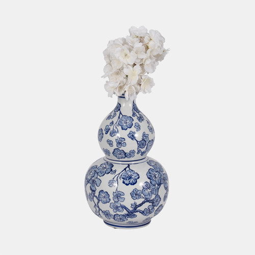 20372-02#14" Cherry Blossom Chinoiserie Gourd Vase, Blue/wh