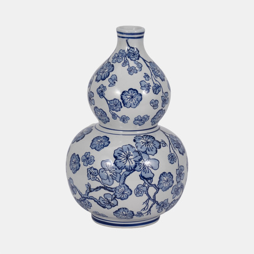 20372-02#14" Cherry Blossom Chinoiserie Gourd Vase, Blue/wh