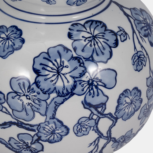 20372-02#14" Cherry Blossom Chinoiserie Gourd Vase, Blue/wh