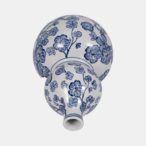 20372-02#14" Cherry Blossom Chinoiserie Gourd Vase, Blue/wh