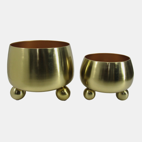20400-01#S/2 9/11" Round Metal Planters With Ball Feet, Gld