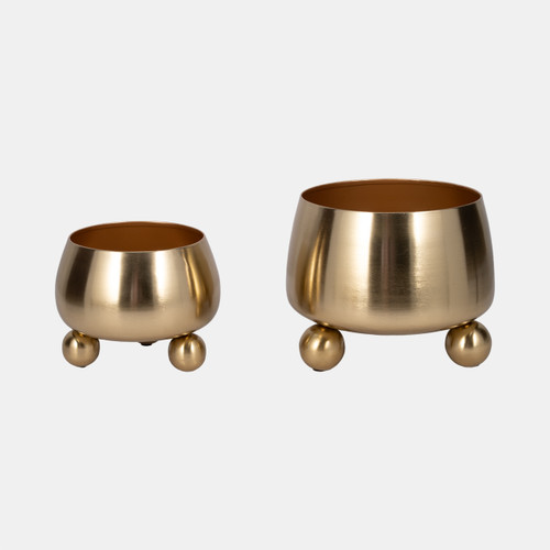 20400-01#S/2 9/11" Round Metal Planters With Ball Feet, Gld