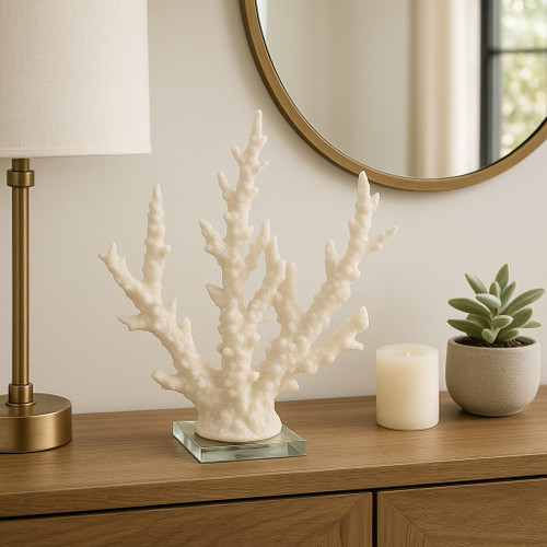 20439-02#14" Branching Coral On Glass Base, White