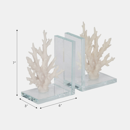 20441#S/2 7" Coral On Glass Bookends, White