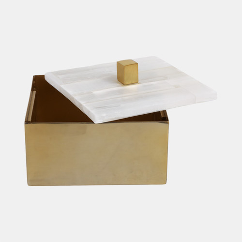 20557#6" Square Selenite Top Box, White/gold