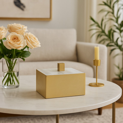 20557#6" Square Selenite Top Box, White/gold