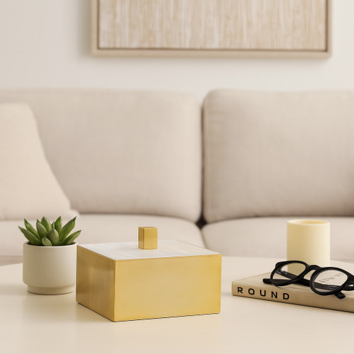 20557#6" Square Selenite Top Box, White/gold